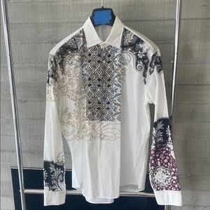Etro Men’s  White Long-Sleeve Patterned Dress Shirt - Designer